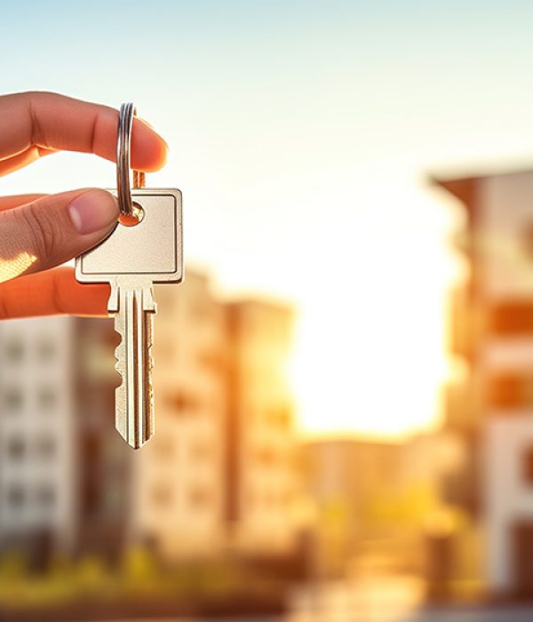 A realtor, insurance sales agent hands over the keys to the house to the new owner or tenant. Real estate and mortgage concept