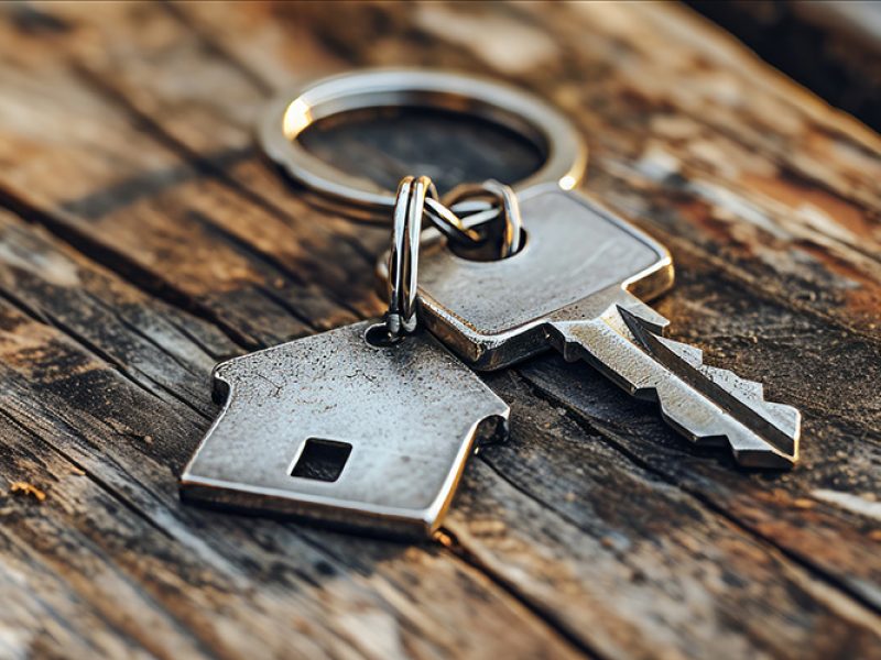 Keychain with a house shaped pendant on a wooden surface.